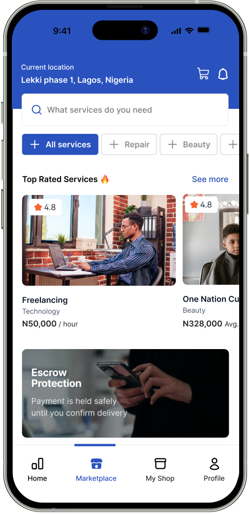 Marketplace services screen